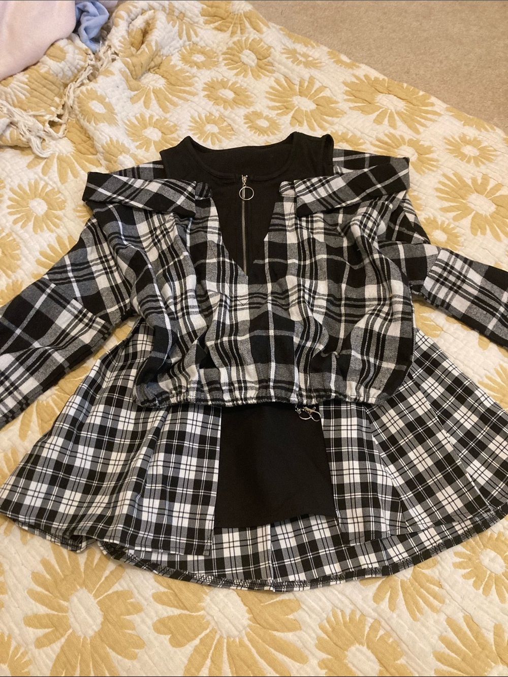 COMBO Black and White Plaid Strapless Dress with Zip Front